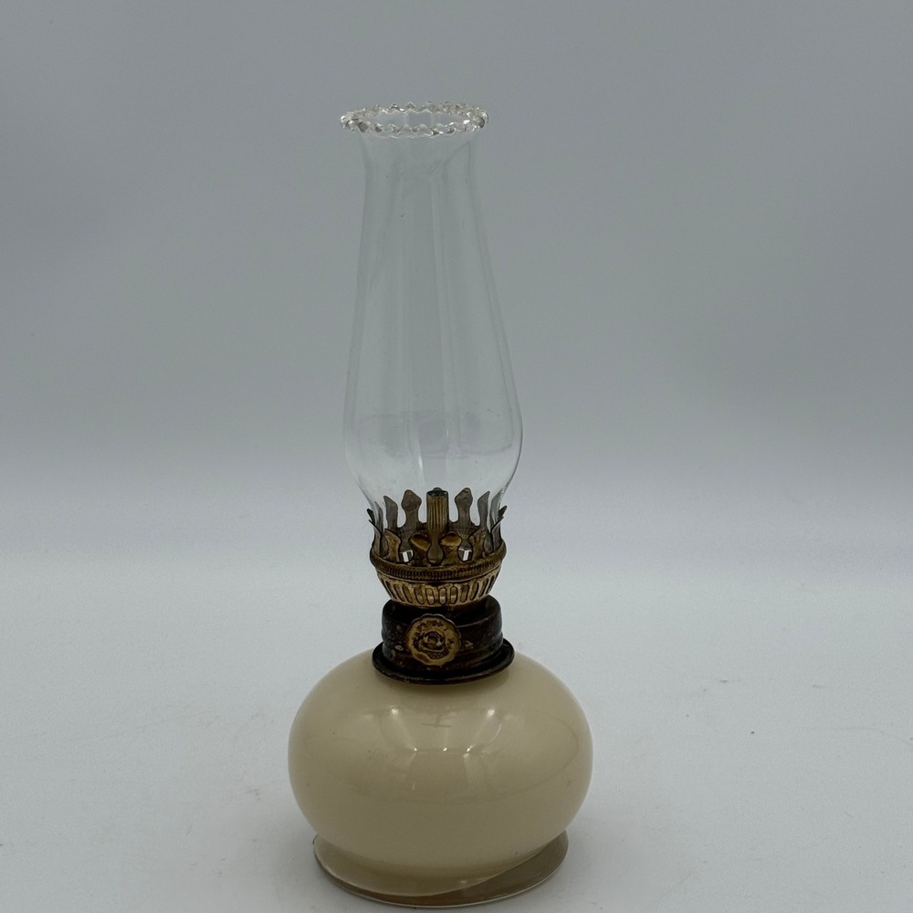 Vintage Miniature Custard Glass Oil Lamp with Clear Glass Chimney 8.5 Inch